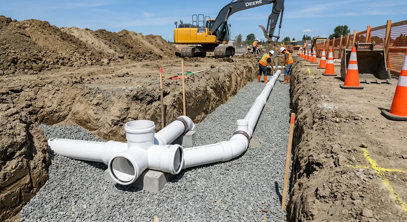New PVC sewer pipe installation in open trench for Commercial Drain Cleaning in Hull